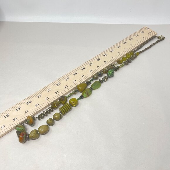 Treska Beaded Long Necklace Green Stone Porcelain Glass Boho Chunky Signed - Picture 4 of 13